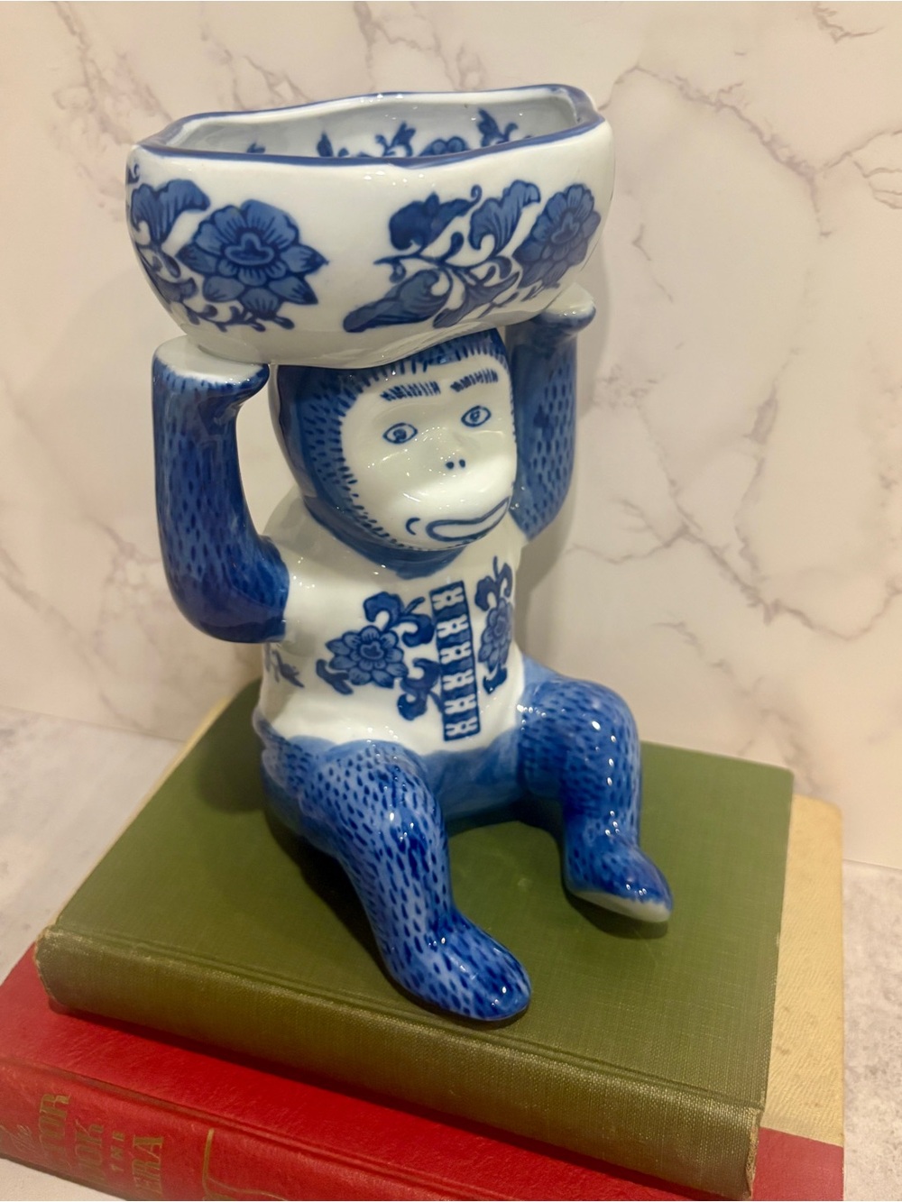 Vintage Blue and White Chinoiserie Ceramic Monkey Decor